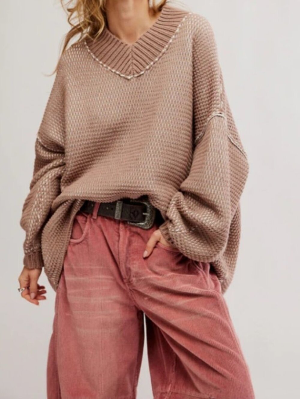 Free People Tan Cocoon Stucco Sweater Oversized V-neck Boxy Long Sleeve Small